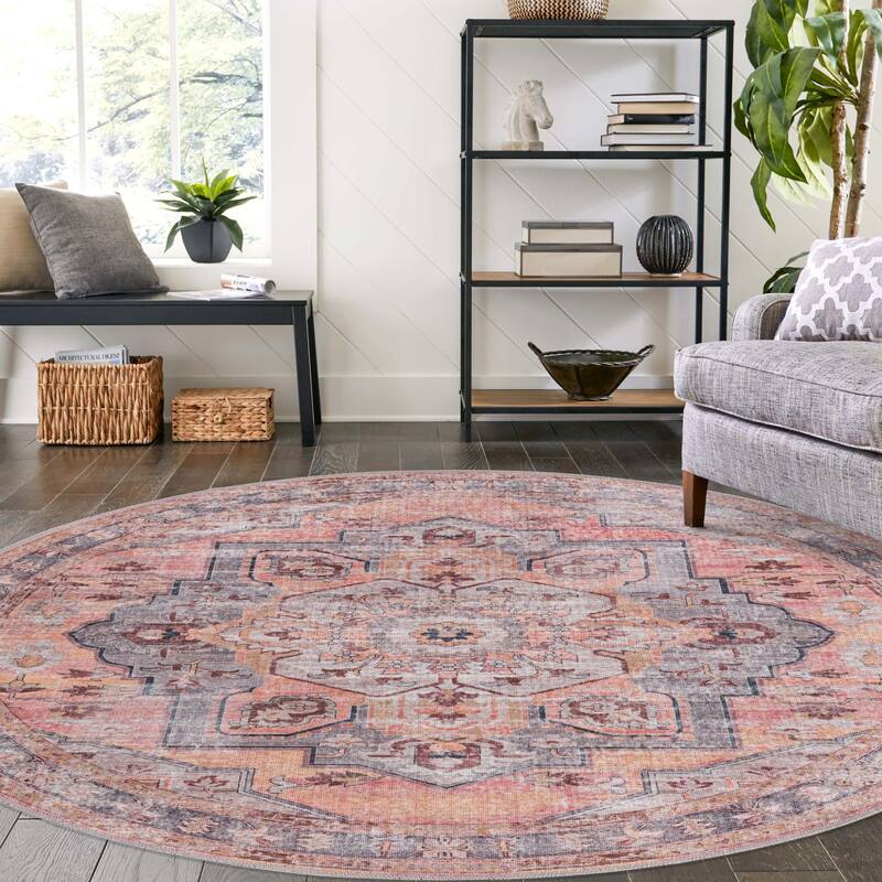 Transitional Shara Collection Area Rug - 5'3" Round - Apricot-Pink