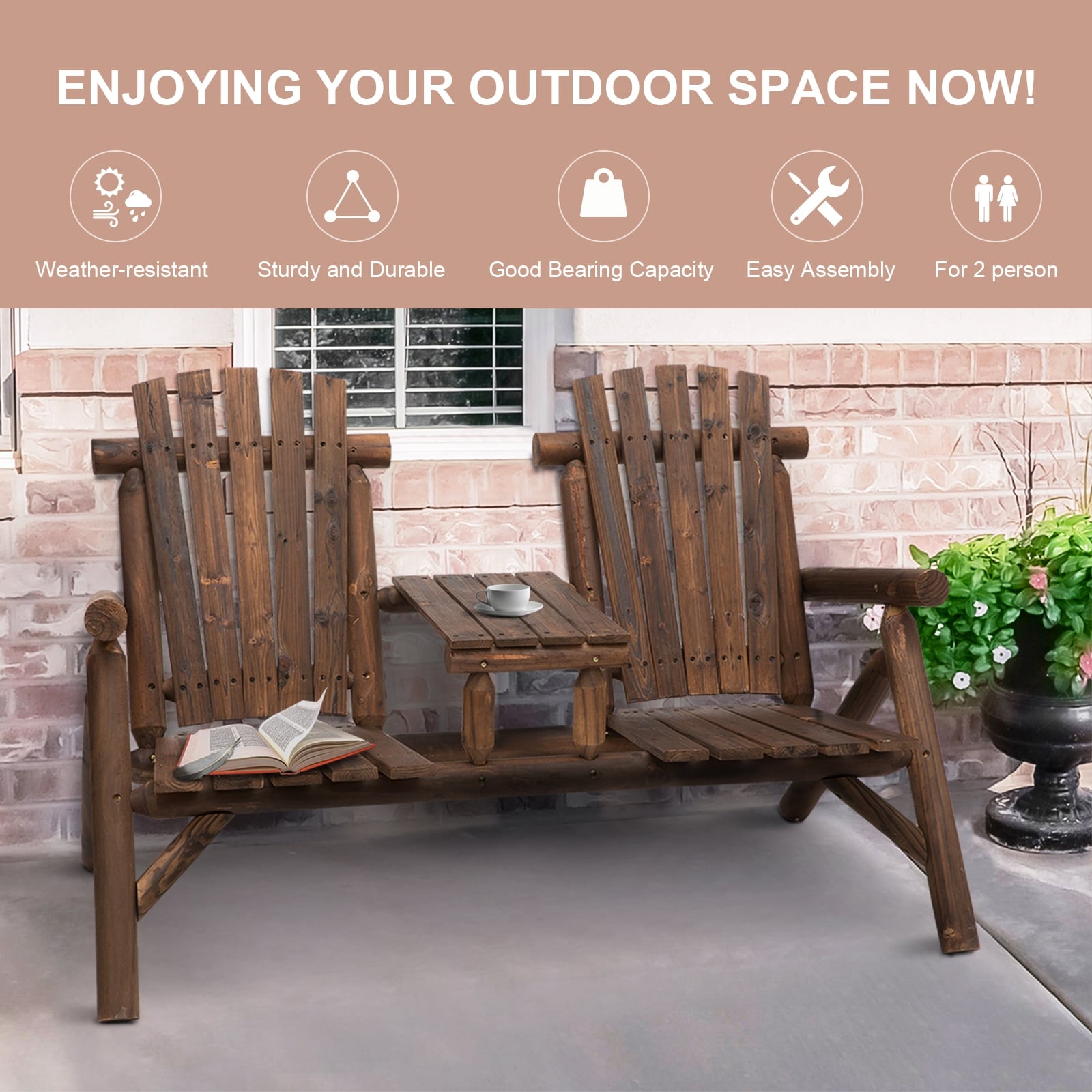 Details about   Outsunny Outdoor Tete-A-Tete  Bench Wood Adirondack Chair with Center Table Grey 