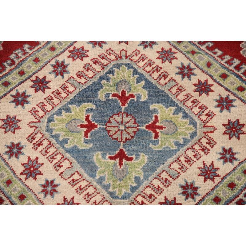 Red Kazak Area Rug Hand-Knotted Geometric Wool Carpet - 6'8" x 9'11"
