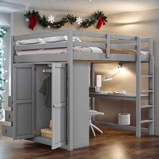 Artsy Wood Full Size Loft Bed with Built-in Wardrobe, Desk, Storage Shelves, Safety Guaranteed and Drawers, Large Space, Gray