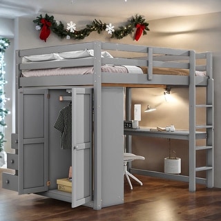 Wood Full Size Loft Bed with Wardrobe, Desk, Shelves and Drawers, Gray