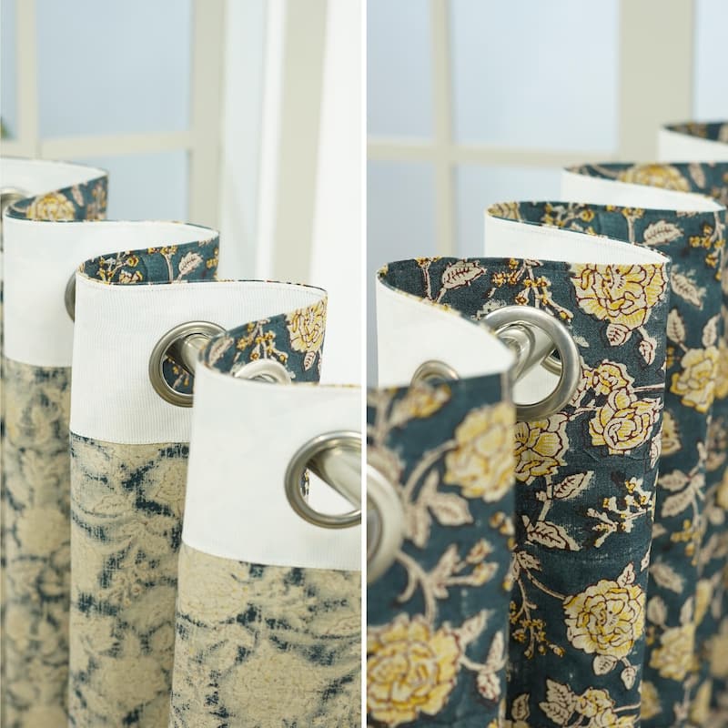 Fabdivine Handmade Soft Pure Linen Fabric Eyelet Curtain Block Print Floral Drape