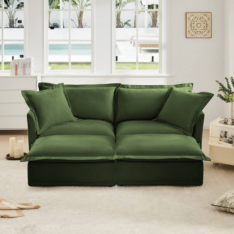 Modern 2 Seater Upholstered Sofa with 2 Ottomans and 2 Pillows