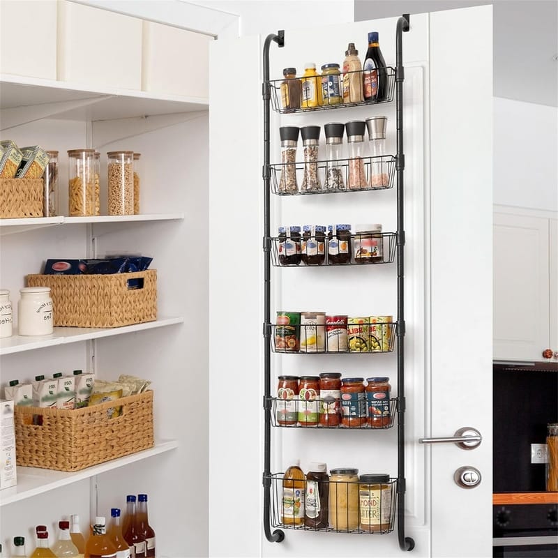 6 Tier Over the Door Pantry Organizer Metal - 17"D x 6"W x 59"H - 聽Black 5x4.75"+1x6" Width Baskets