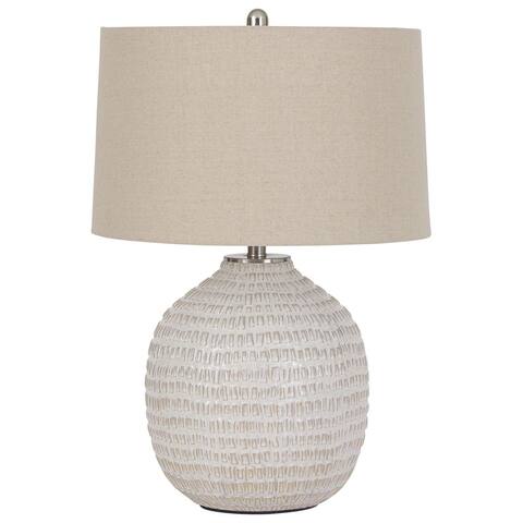 Textured Ceramic Frame Table Lamp with Fabric Shade, Beige and White - 25 H x 14 W x 14 L Inches