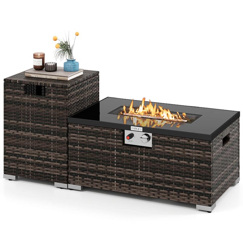 Outdoor 2-in-1 PE Rattan Fire Pit Table with Propane Tank Cover and Tempered Glass Top Patio Coffee Table Set - Brown