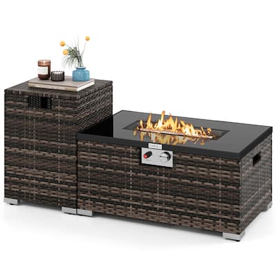 Outdoor 2-in-1 PE Rattan Fire Pit Table with Propane Tank Cover and Tempered Glass Top Patio Coffee Table Set