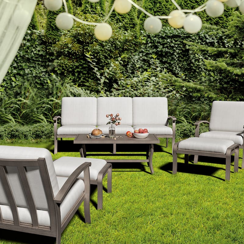 6-Piece Aluminum Patio Conversation Set with Coffee Table,Sofa, Ottoman and Light Gray Cushions