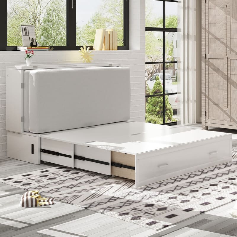 Mixoy Murphy Bed Cabinet Bed Chest with Mattress & Drawer