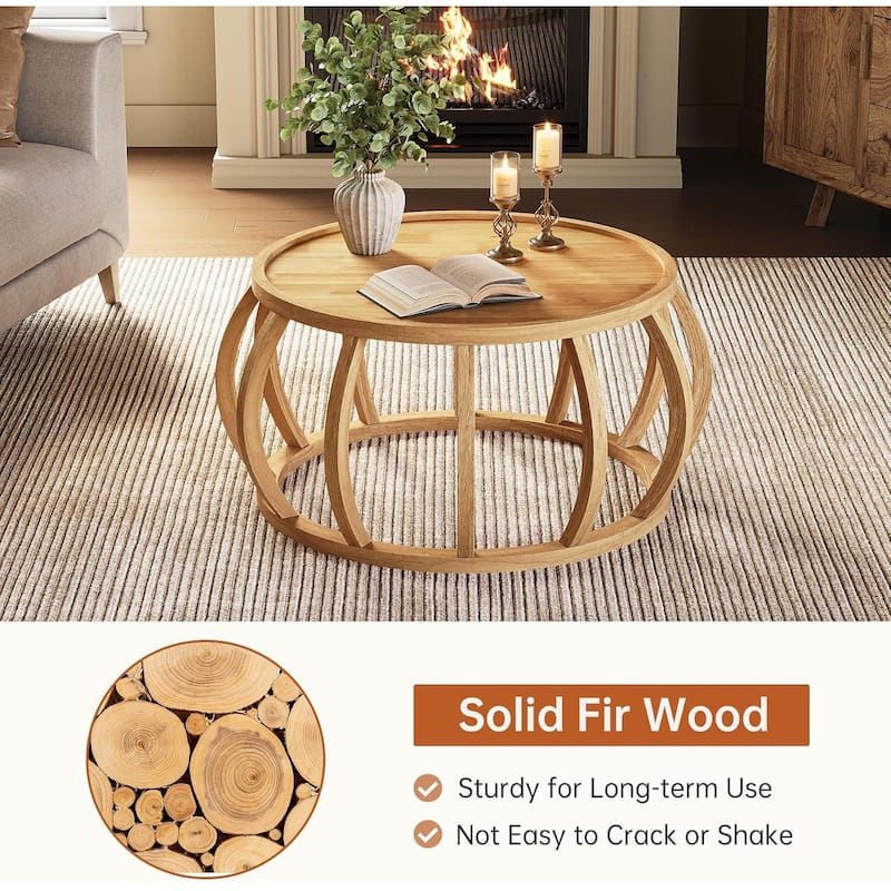 31.5-Inch Round Solid Wood Coffee Table for Living Room, Natural
