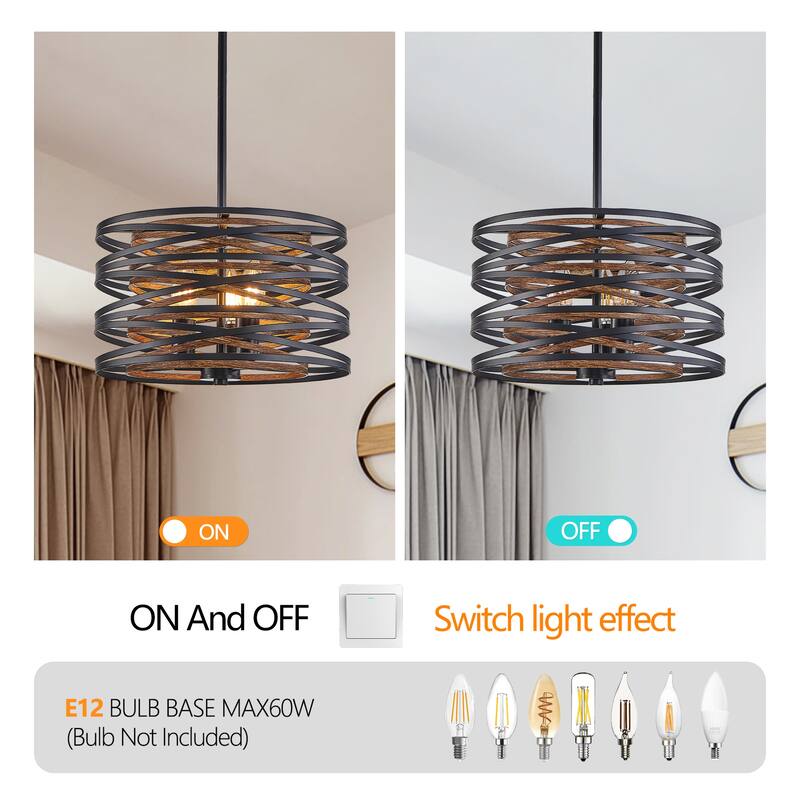 13" Rustic Industrial Pendant Light, 3-Light Black and Walnut Metal Cage Chandelier with Wood Accent