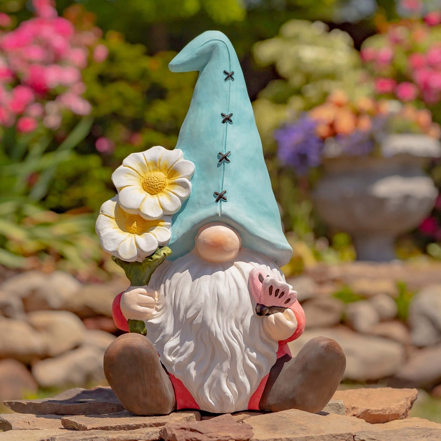 Magnesium Garden Gnome Sitting Holding Daisies and a Butterfly