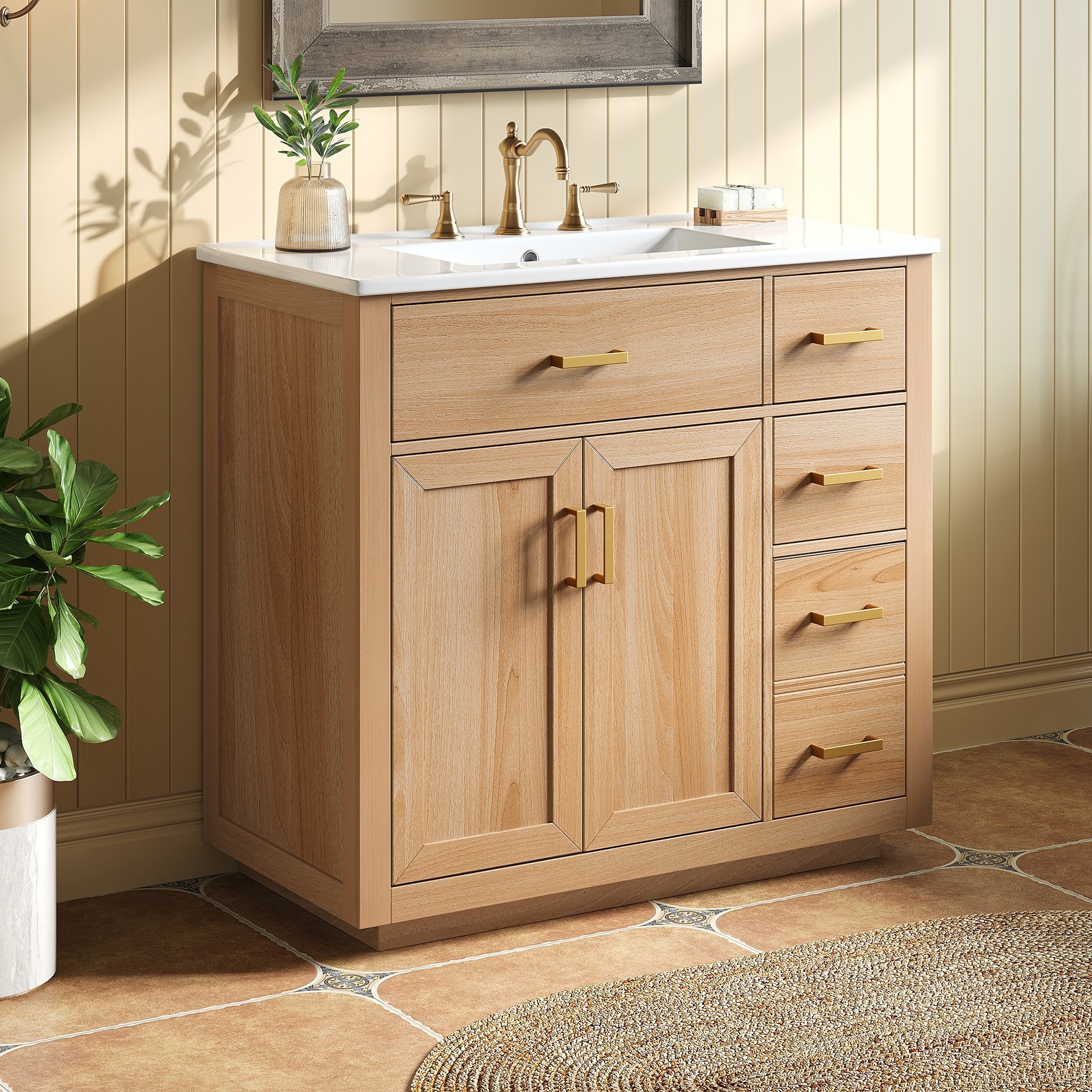 36 Inch Bathroom Vanity Ceramic Sink Natural Wood Grain Finish Solid Rubberwood Frame Soft Close Doors