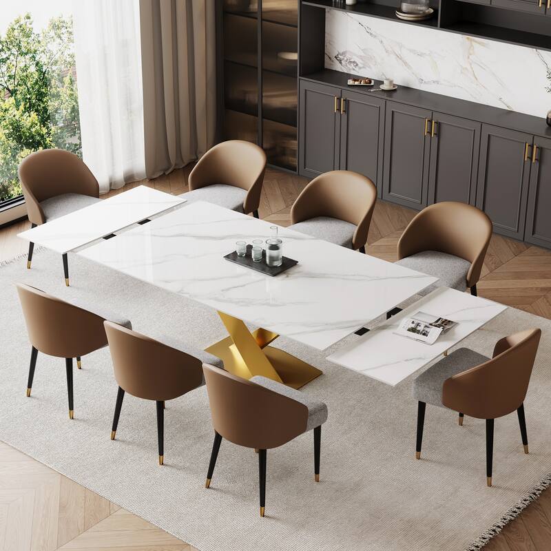 9 - Piece 94.48'' Rectangular Extendable Sintered Stone Dining Table with 8 Faux leather Chairs Dining Set