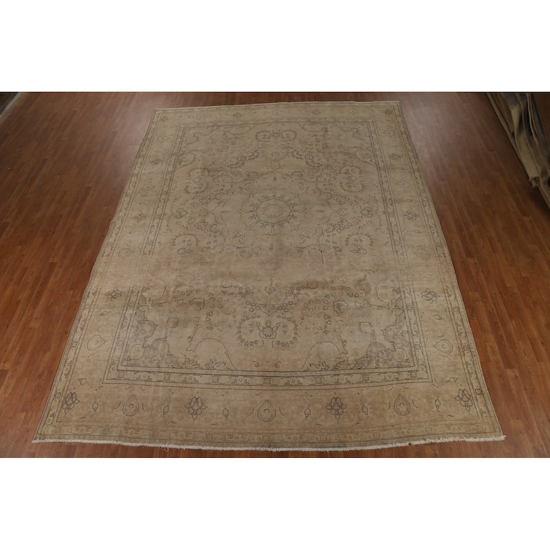 Tabriz Persian Vintage Rug Hand-Knotted Bedroom Beige Wool Carpet - 9'11" x 13'1"