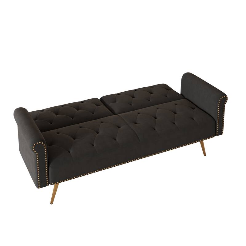 69.7 inch velvet nail head sofa bed with throw pillow