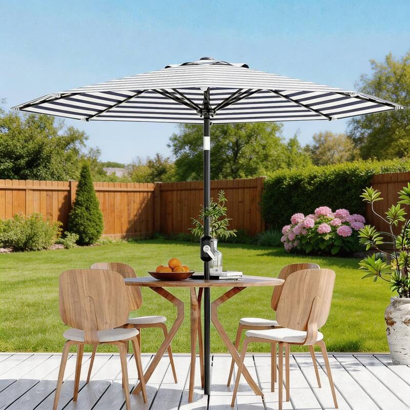 9 ft Patio Umbrella, with Crank Lift & Push Button Tilt, 8 Sturdy Ribs - Light-blue-and-white striped