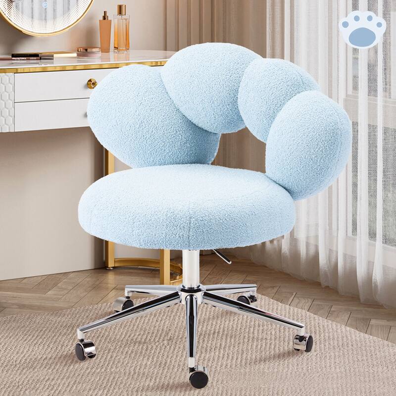 Boucle Upholstered Vanity Chair With Wheel - Baby Blue