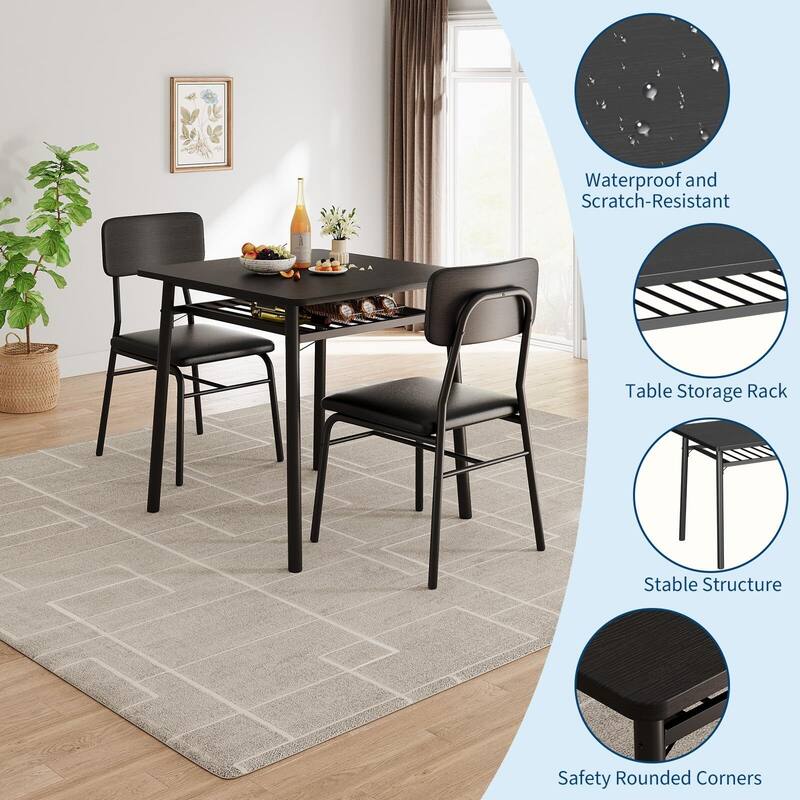 3-Piece Dining Room Set, with Storage Rack and Metal Frame