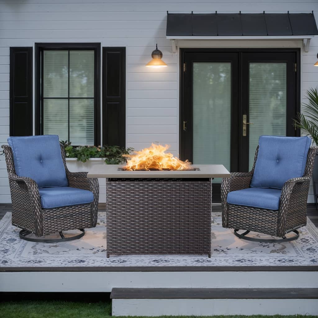 Patio Wicker Swivel Chair with Fire Pit Table - Brown