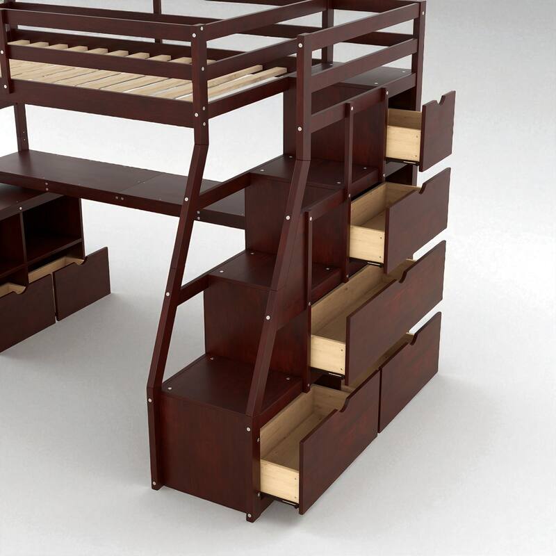 Twin/Full Loft Bed with 7 Drawers, 2 Shelves, and Built-in Desk for Bedroom Organization