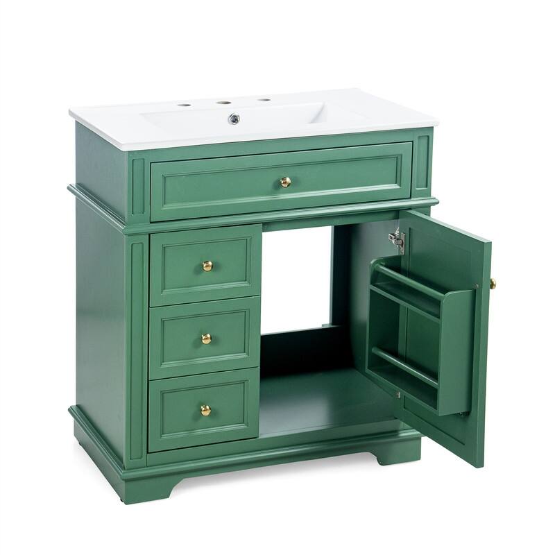 30" Bathroom Vanity with Ceramic Sink, Bathroom Vanity Cabinet with 3 Drawers, 1 Tip-out Drawer, Door Shelf & Soft Closing Door