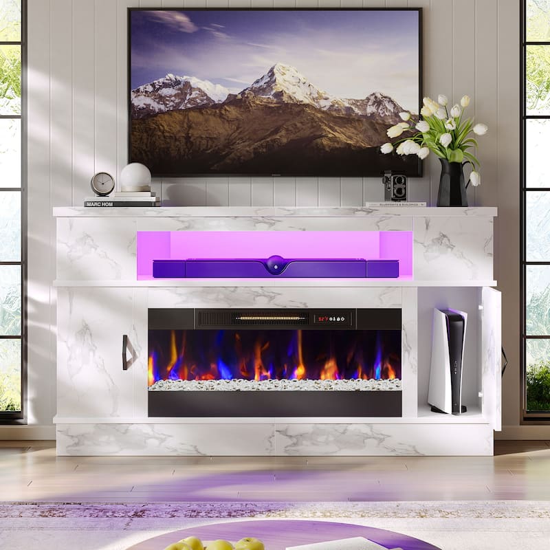 Bestier 63 in. White Marble Freestanding Electric Fireplace TV Stand Fits TV Up to 70 in. Entertainment Center with Cabinet