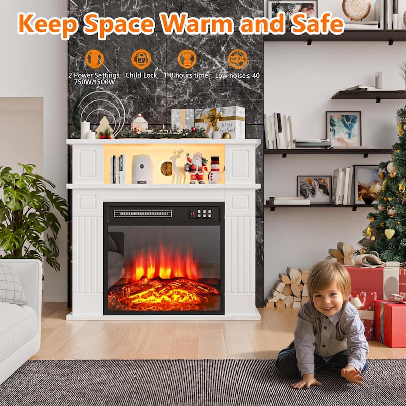 BOSSIN 43" Electric Fireplace with Mantel, 23 inch Electric Fireplace Insert,Freestanding TV Stand with Fireplace Wooden Firebox