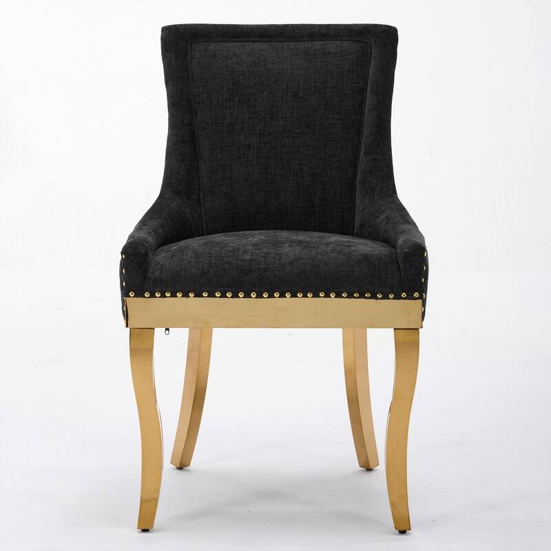 Luxe Curved Accent Dining Chairs with Gold-Plated Legs & Textured Chenille Upholstery, Set of 2