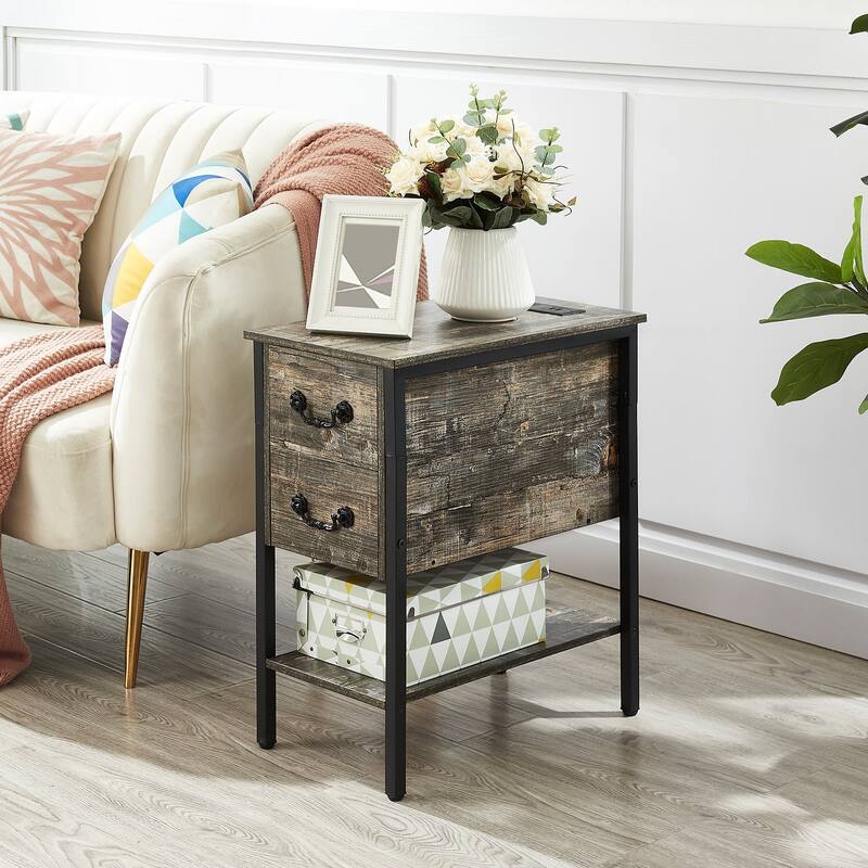 Nightstand with Charging Station, 2 USB Port & 2 Power Outlets, Tall End/Side Table with 2-Drawer and Storage Shelf