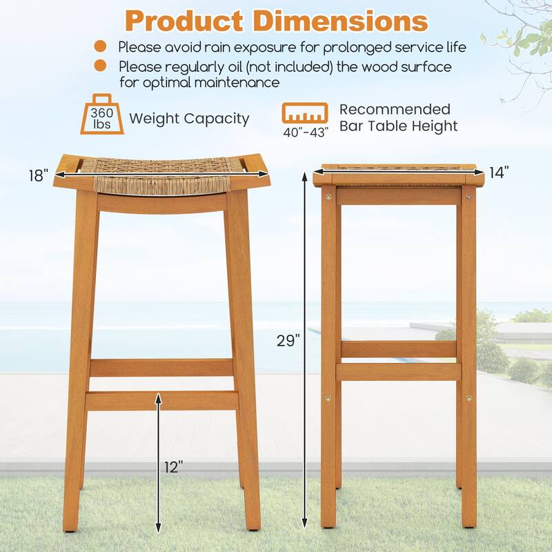 Gymax Outdoor Acacia Wood Bar Stools Set of 4 w/ PE Rattan Seats &