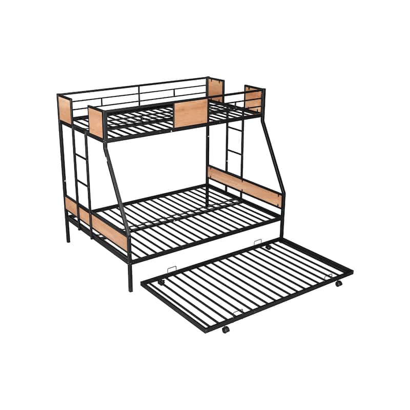 Twin over Full Size Metal Bunk Bed with Trundle, Heavy-duty Sturdy Metal, Noise Reduced, Safety Guardrail, Wooden Decoration