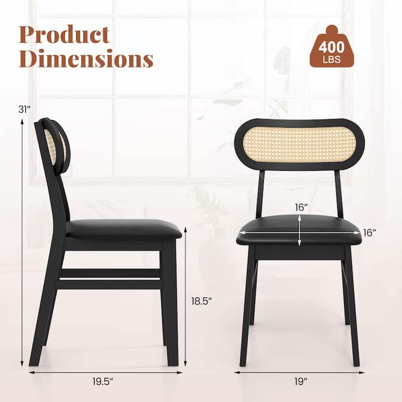 Set of 2 Modern Dining Chairs with Rattan Back and Waterproof PU Cushion Rubber Wood Legs - 19.5" x 19" x 31" (L x W x H)