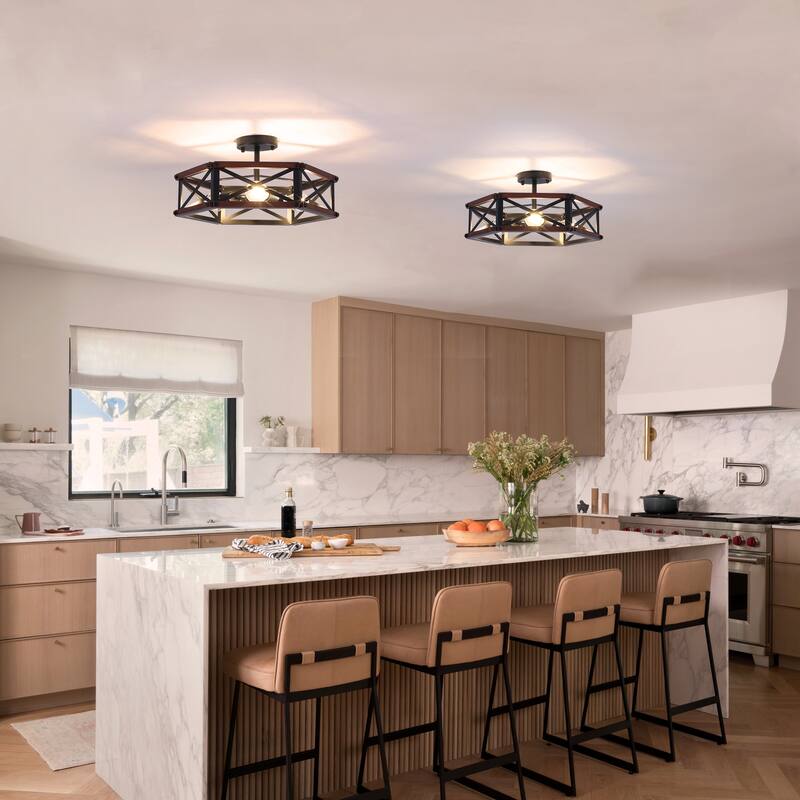 3 - Light Semi Flush Mount Ceiling Light, 18.31in W, Industrial Black Metal and Wood Design - Matte Black