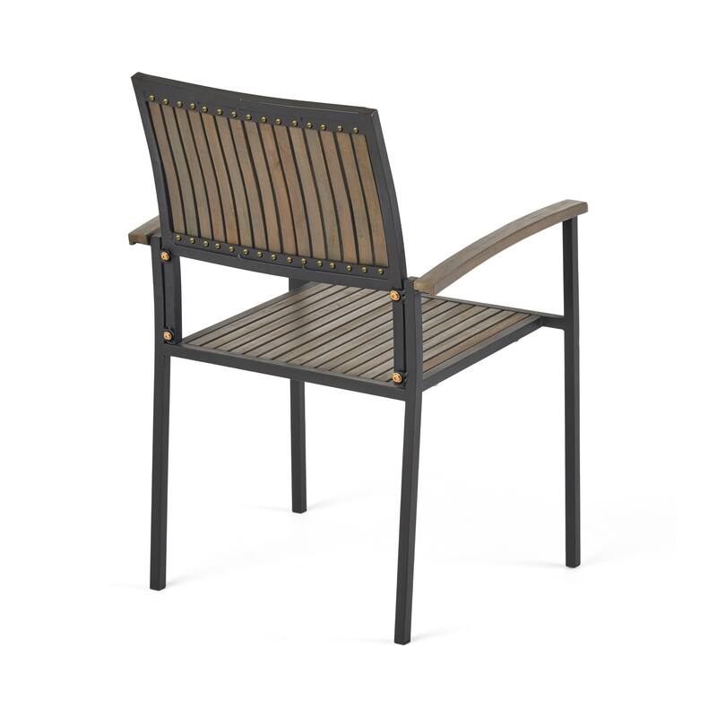 Roomfitters Set of 2 Modern Industrial Outdoor Dining Chairs, Acacia Wood and Powder-Coated Metal, Grey