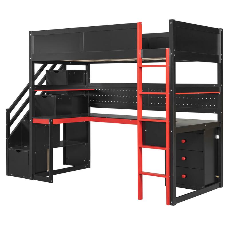 Gaming Loft Bed with Desk - Full/Twin, Includes Storage Stairs, Shelves & Pegboard