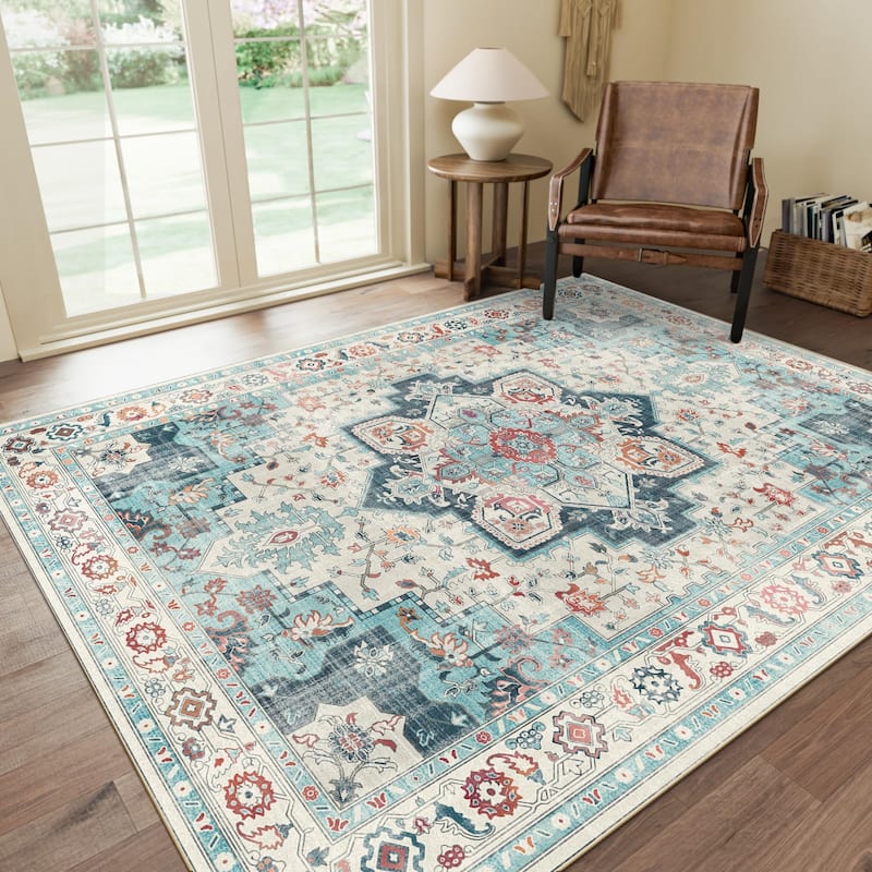 Mcow Neutral Floral Low Pile Machine Washable Non-Slip Area Rug - 9'X12'