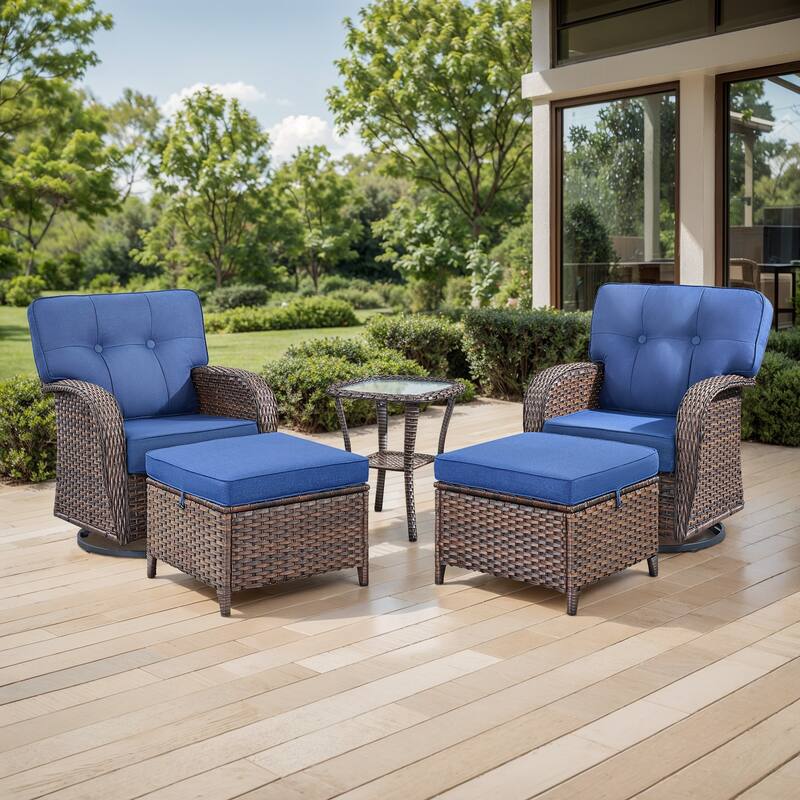 TWrap Brown Wicker Patio 5-Piece Swivel Gliders Conversation Set with 5-Inch Thick Cushions