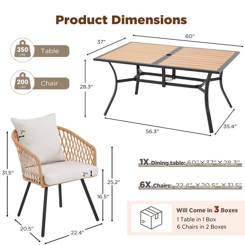 EROMMY 7 Piece Outdoor Dining Set with Umbrella Hole, Patio Table and 6 Rattan Chairs with Cushions, Weather-Resistant Furniture