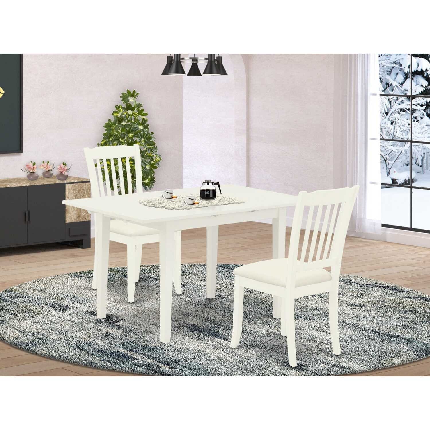 HomeStock 3-Piece Linen White Finish Rectangular Solid Wood Top With Butterfly Leaf Dining Table Set