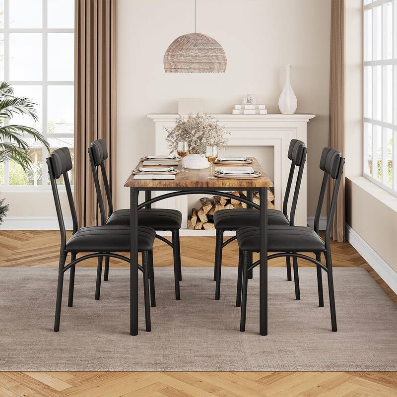 5-Piece Dining Table Set with 4 Upholstered Chairs, Metal and Wood Table for Kitchen or Apartment