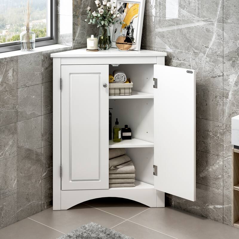 Roomfitters Triangle Corner Bathroom Cabinet, Modern MDF Floor Storage Organizer with Adjustable Shelves & Metal Knobs