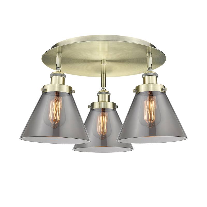 Innovations Lighting Cone - 3 Light 20" Flush Mount - Antique Brass/Light Smoke