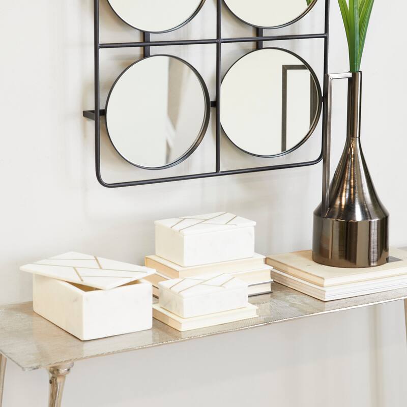 Black, White or Green Marble Box with Gold Linear Lines (Set of 3) - S/3 9", 7", 6"W - White