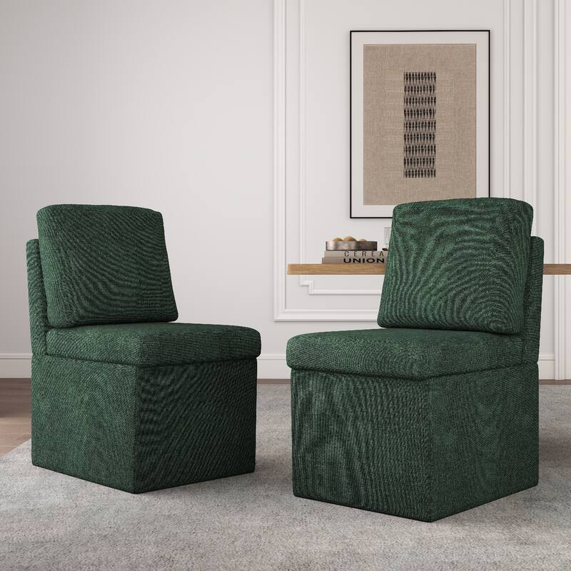 Upholstered Dining Chair with Under Seat Storage- Armless - Set of 2 - Green