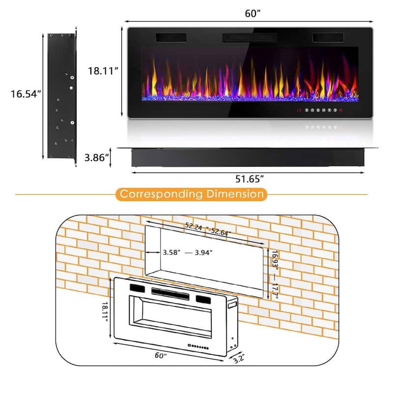 BOSSIN Electric Fireplace - Recessed or Wall Mounted Heater, 750/ 1500W, Adjustable Flame, Remote & Touch Control, Timer