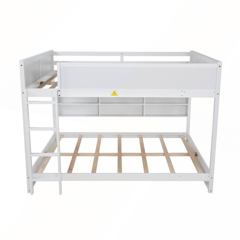 Queen Over Queen Bunk Bed with Built-in Storage Cabinets and Charging Station