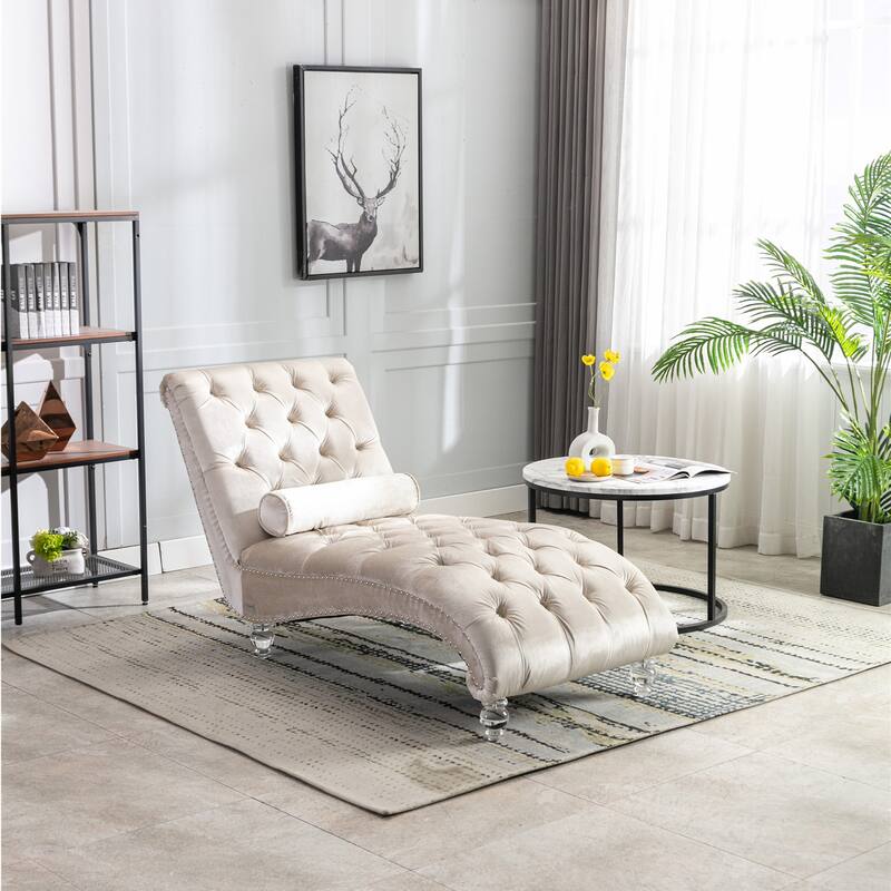 Velvet Tufted Chaise Lounge Accent Living Room Chair - Beige