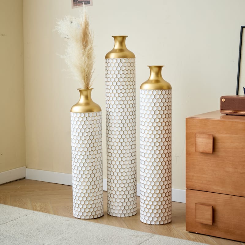 Floor metal vase decoration home droplet shaped white metal vase 3-piece set gorgeous home decoration large glazed metal vase