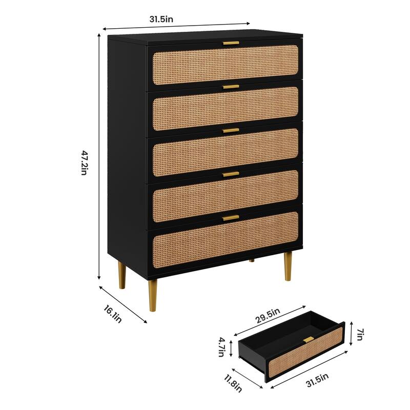 5/6 Drawer Rattan Dresser for Bedroom, Large Freestanding Wooden Chest Storage